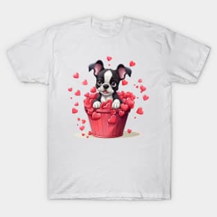 Cartoon Boston Terrier Dog in Hearts Basket T-Shirt